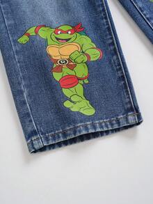 TEENAGE MUTANT NINJA TURTLES | SHEIN Young Boy Casual Washed Cartoon Print Denim Jeans - Blue - View 7