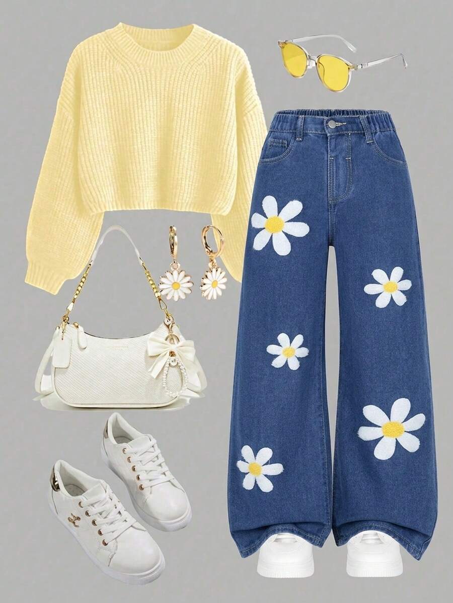 SHEIN ChillGRL 少女牛仔長褲,四季皆宜,休閒學院風,中藍色牛仔布,雛菊貼花3D刺繡,鬆緊腰頭,寬鬆直筒褲腿,舒適純棉牛仔下裝,適合日常穿著、外出、聚會、戶外、夏季度假等多種場合 - 深色水洗藍 - 查看 1
