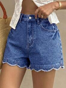 SHEIN Shorts vaqueros de verano informales con adorno de concha para niñas preadolescentes - Azul lavado oscuro - Ver 4