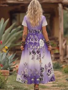 SHEIN Regular Women's Niche Design Short Sleeve Mid-Length Dress, Deep V-Neckline Design, 3D Floral Effect Fabric, Rendered Floral, Colorful Floral, Fitted Slim Top, Loose A-Line Umbrella Skirt Silhouette, Fashionable Elegant, Comfortable Casual, Casual Vacation, Suitable For Dates, Friends Gatherings, Family Meetings, Fashionable Casual - Multicolor - View 3
