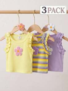 SHEIN Baby Girl 3pcs New Summer Minimalist Versatile Sweet Cute Comfortable Skin-Friendly Elastic Ribbed Ruffle Sleeve Tank Top, Decorated With 3D Floral Applique On Chest, Suitable For Outings, Vacations, Play And Daily Wear - Multicolor - View 3
