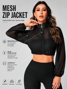 SHEIN Sports Cazadora deportiva con cremallera crop de malla - Negro - Ver 1