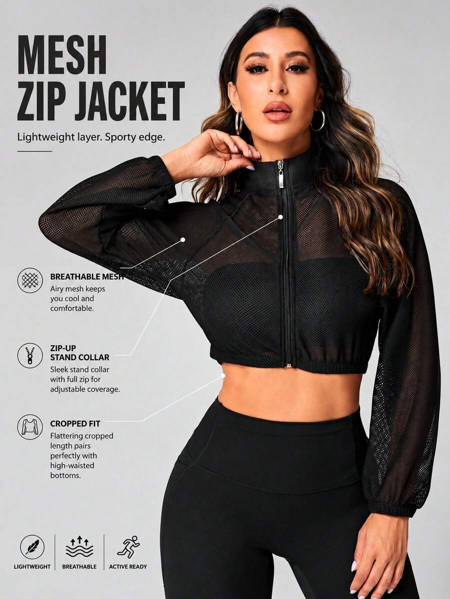 SHEIN Sports Cazadora deportiva con cremallera crop de malla - Negro - Ver 1