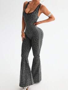 Slayform Slayform 1pc Leopard Print Knotted Open-Back Plunge Flare Jumpsuit Y2k Glowmode - Multicolor - View 5