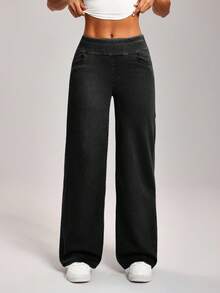 SHEIN PETITE Celana Jeans Wanita Kasual Model Lurus Longgar dengan Motif Cuci, Ukuran Petite Wanita - Grey - View 7