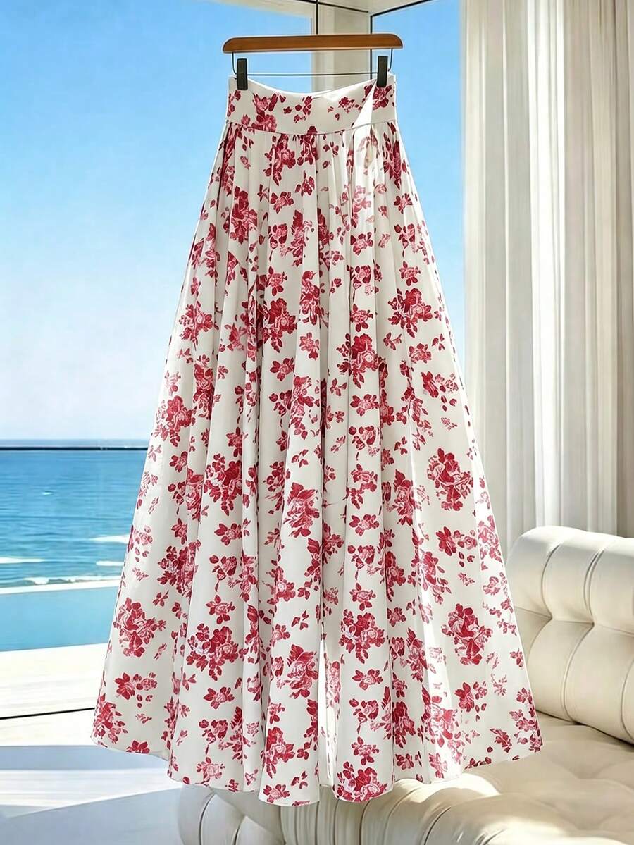 Franclia Fashionable High-End A-Line Striped Floral Elastic Waist Casual Romantic Elegant Skirt, Women's Spring Summer, Vacation, Y2K, Garden Party Date - Red and White - View 1