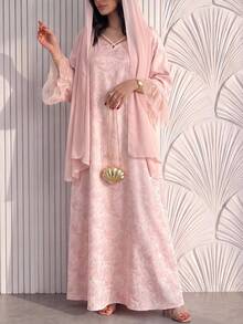 Al Najma Spring Summer Pink Mesh Patchwork Loose Slimming Dress - Pink - View 1