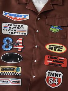 TEENAGE MUTANT NINJA TURTLES | SHEIN Men's Summer Casual Letter Print Shirt - Brown - View 6