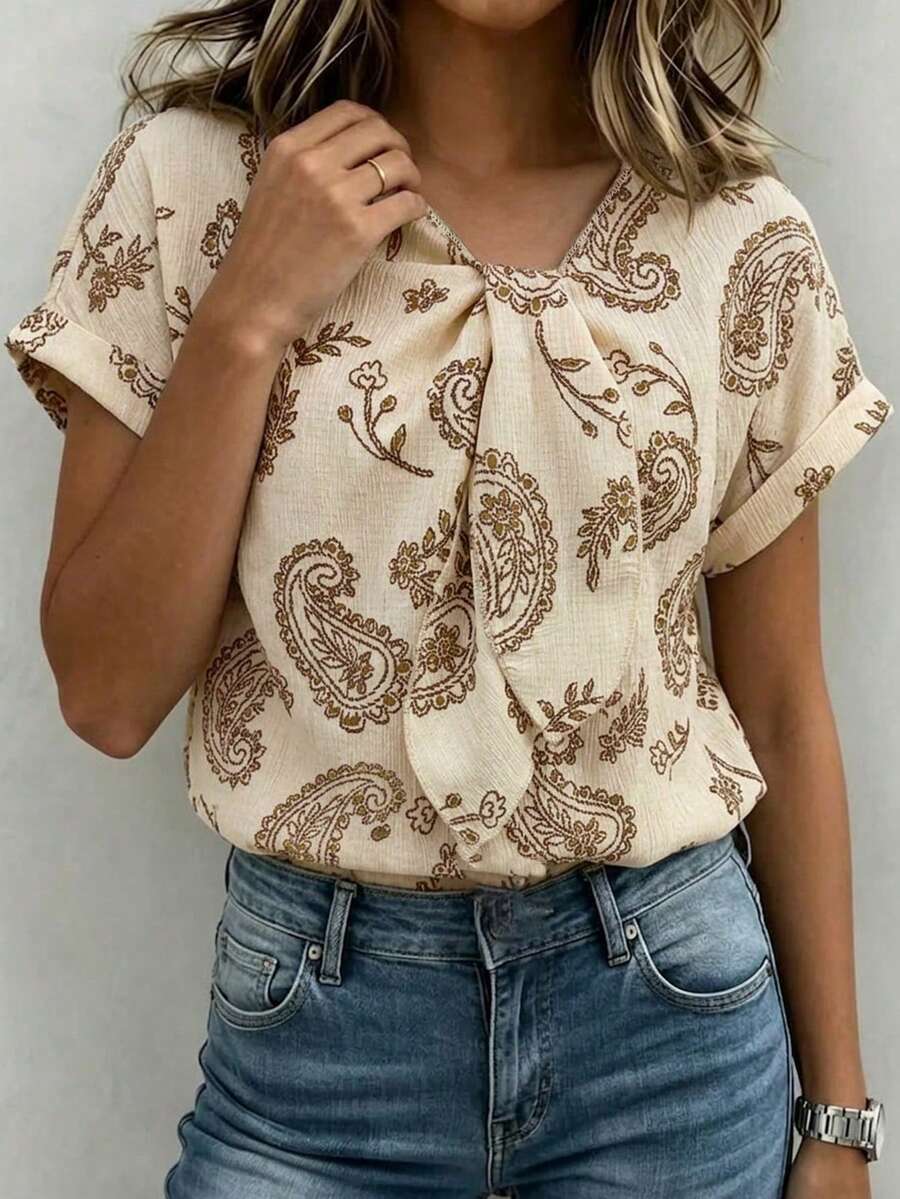 SHEIN Women's Summer Shirt, June Festival, Outdoor Outfit Top, Beach Brunch Vacation, Holiday, Wave Wrinkle Pelis Pattern Print, Beige, Bowknot
