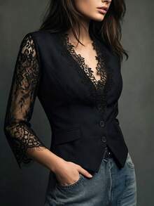 SHEIN 優雅設計女款西裝外套，時尚極簡蕾絲中袖，適合商務辦公穿著 - 黑色 - 查看 3