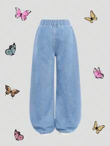 SHEIN Girlism 女童深色水洗藍色蝴蝶刺繡印花直筒牛仔褲 - 淺色水洗藍 - 查看 2