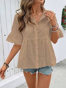 SHEIN Holidaya 女款素色百褶休閒百搭日常出遊襯衫 - 卡其色 - 查看 5