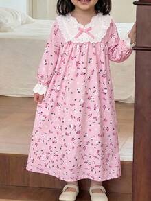 女童寬鬆休閒蕾絲拼接碎花居家服 - 淺粉色 - 查看 7