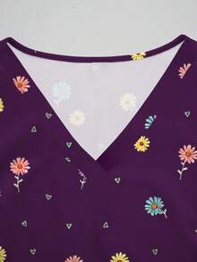 PopScrub Daisy Pattern Nurse Scrub Top, Spring/Summer Fashion V-Neck Short Sleeve Double Pocket Design Side Slit Workwear, Cute Women's Scrub Top, Scrub - Multicolor - View 4