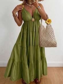 Vaclyn Women's Casual Vacation Metal Decor Pleated Ruffle Hem Cami Dress - Green - View 5