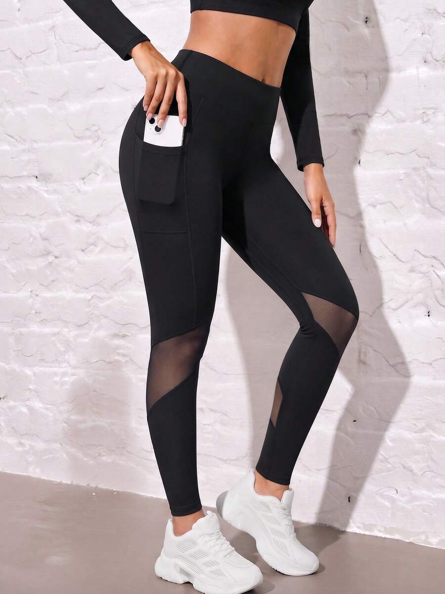 SHEIN 少女撞色网眼口袋运动紧身裤 - 黑色 - 查看 1