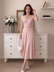 Modelyn Women's Dress, Elegant Twist Front High Waist A Line Textured Fabric Midi Pink Dress For Women Wedding Guest Party Going Out Graduation All Season - Pink - View 5