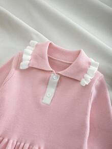SHEIN 女童皇家藍針織洋裝，秋冬新款，海軍藍，學院風，航海風，小公主風，領口設計，藍白對比色，適合多種場合，居家、外出、學校等 - 粉色 - 查看 5