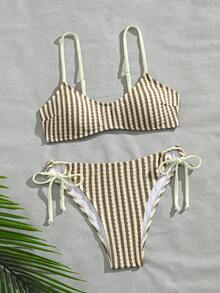 Swim Mod 女款條紋針織提花細肩帶打結休閒度假可愛比基尼套裝 - 彩色 - 查看 5