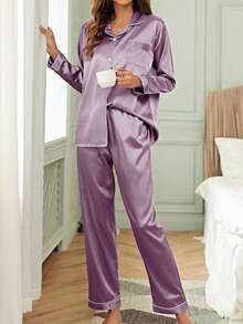 LuxeNights Contrast Binding Button Up Satin Pyjama Set - Mauve Purple - View 4