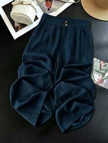 Trelyra Women's Casual Loose Solid Color Long Pants - Navy Blue - View 3