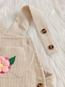 2 Piece/Set Baby Girl Pink Little Stand Collar Long Sleeve Pullover Ribbed Knit Solid Color T-Shirt Top And Apricot Corduroy 3D Flower Pocket Adjustab - Beige - View 5
