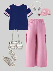 SHEIN Elladie kids 青少年女孩字母與數字印花短袖T恤與工裝褲休閒日常穿搭套裝 - 彩色 - 查看 2
