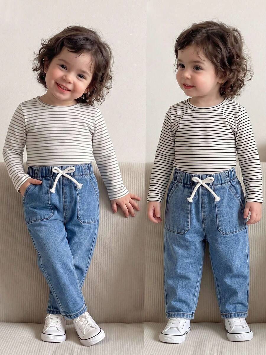 Baby Girl Drawstring Waist Pocket Casual Versatile Daily Wear Denim Jeans - Light Wash - View 1