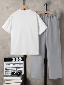 SHEIN 大童男孩字母壓紋圓領短袖T恤與長褲休閒套裝 - 白色 - 查看 2