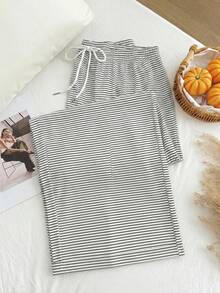 SHEIN CURVE+ 秋冬款黑白條紋休閒百搭抽繩大尺碼長褲 - 白色 - 查看 4