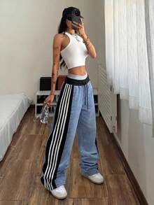 StreetHx Women's Fashion Versatile Striped Contrast Color Drawstring Waist Denim Jeans - Blue - View 4