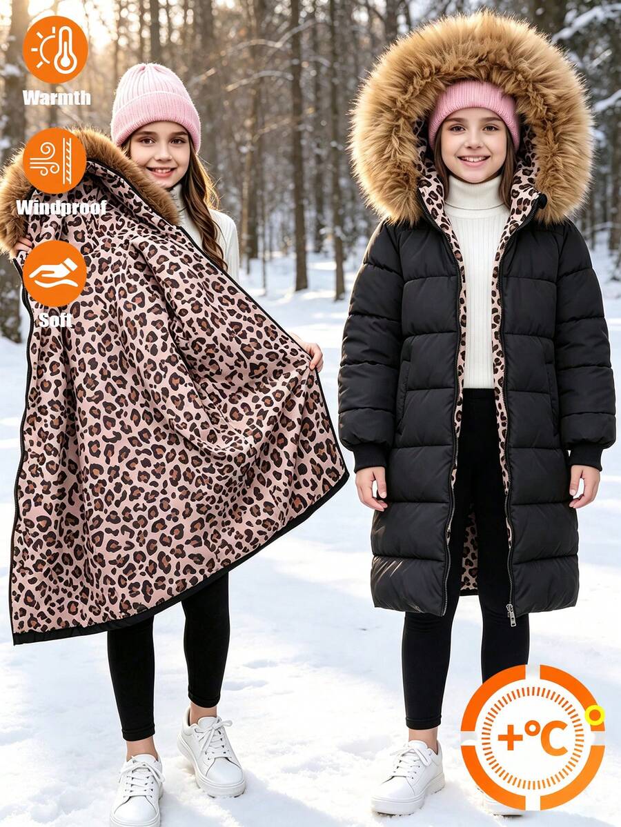 SHEIN Tween Girls Winter Fashion Black Thickened Leopard-Print Flannel Hooded Long-Sleeve Mid-Length Quilt - Black - View 1