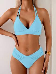 Swim Basics Women's Sexy 2-Piece Solid Color Double Strap Backless Bikini Swimsuit Set, Summer - Mint Blue - View 4