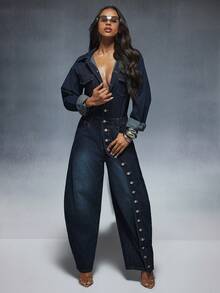 Denimoi Women's Fashion Button Curved Leg Denim Jumpsuit, Chic Streetwear, Fall, Winter - Dark Wash - View 3