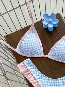 Swim Mod Conjunto de bikini multicolor para vacaciones dulces de mujer, diseño con cuello halter y volantes, adecuado para vacaciones en la playa - Multicolor - Ver 3
