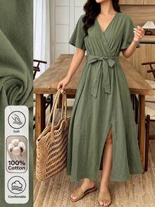 Louniche Women's Solid Color Casual Tropical Vacation Comfortable Dress, Spring/Summer Overlap V-Neck Ruffle Sleeve, Waist Tie Hem Slit Brunch Sage Green - Army Green - View 4