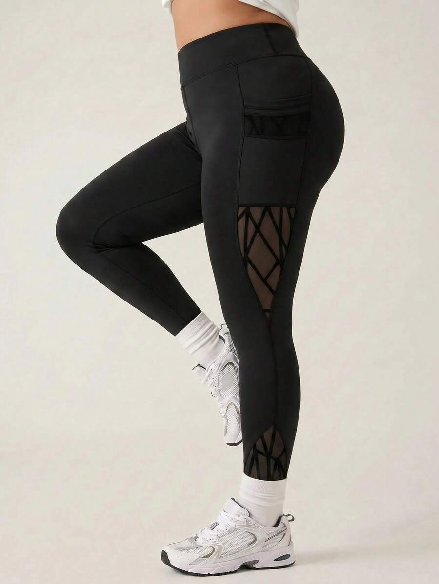 SHEIN Rhythm Era سروال ضيق مقاس كبير غير متماثل الشكل وظيفي، سروال مرفوع بجيوب محكمة مع شبكة مطرزة - الأسود - مشاهدة 1