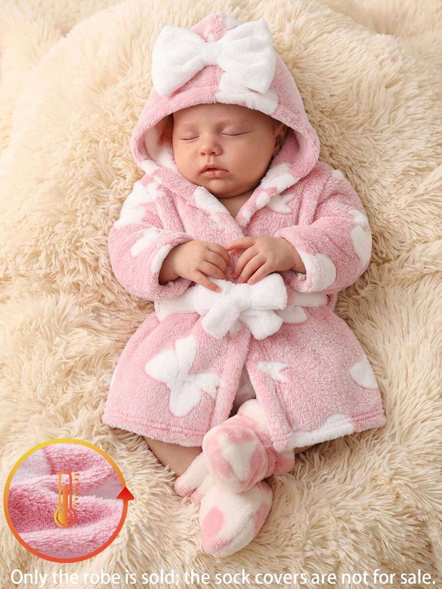 Autumn/Winter Double-Sided Flannel Bow Print Baby Girl Newborn Bathrobe/Nightgown - Baby Pink - View 1