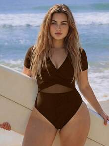 Swim SPRTY 2026 New Plus Size Solid Color Short Sleeve Criss-Cross Mesh Patchwork One-Piece Swimsuit, Fashionable Sporty Mature Vacation Minimalist Everyday One-Piece Swimsuit - Khaki - View 3