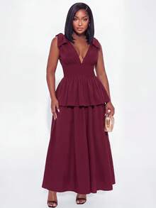 SHEIN LUNE Plus-Size Elegant Dress, V-Neck, Stretchy Waist, Multi-Layered Long Dress, Perfect For Parties And D - Burgundy - View 5