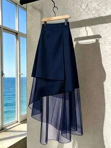 SHEIN Franclia Women Navy Blue Fall Skirt Elegant Irregular Mesh Overlay High Waist Flowy Skirt For Dating Party - Navy Blue - View 1