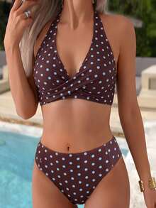 Swim Mod Springbreak 女款夏季海灘波點隨機印花交叉露背綁帶上衣與拼接比基尼褲 2 件式泳衣 - 彩色 - 查看 5