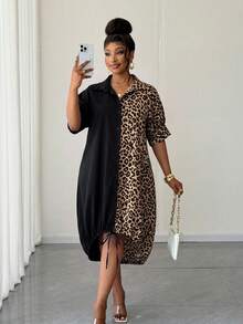 Maweii Plus Size Leopard Print Patchwork Front Button Dress - Multicolor - View 3