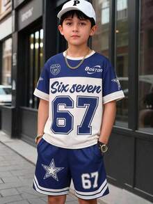 SHEIN 兒童青少年男孩新款運動休閒極簡Y2K數位67經典時尚酷感寬鬆舒適圓領短袖T恤，適合春夏 - 藍色 - 查看 6