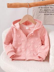 SHEIN Playful Pals 女嬰休閒純色保暖內裡連帽拉鍊夾克，適合秋冬穿著 - 淺粉色 - 查看 2