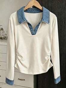 Resyla Women's Casual Colorblock Patchwork T-Shirt, Spring/Autumn - White - View 4
