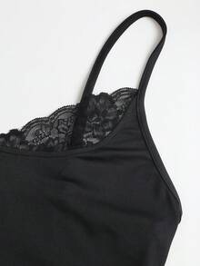 Sweetra Women's Premium Fashion Elegant Personalized & Lace Patchwork & Black Bodysuit - Black - View 3