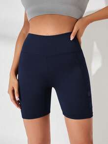 Dewbera Dewbera Mesh Patchwork High Waist Seamless Athletic Shorts (With Pockets) - Navy Blue - View 4