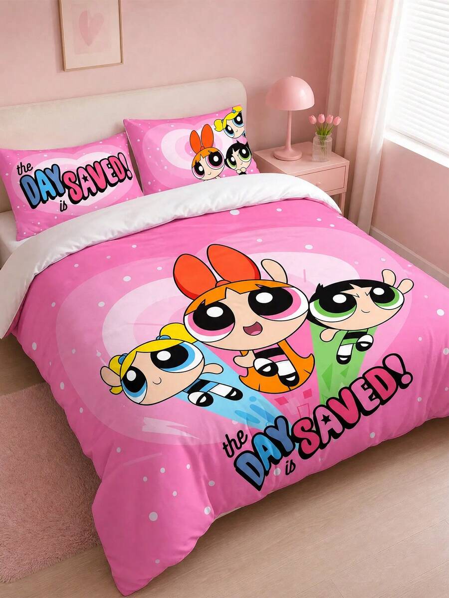 THE POWERPUFF GIRLS X Joivida 2/3件組 100%聚酯纖維 奶油般柔軟舒適透氣面料,適合整夜舒適睡眠,床上用品(被套+1/2個枕套,不含被芯),四季通用現代聚酯纖維床上用品系列 - 彩色 - 查看 1