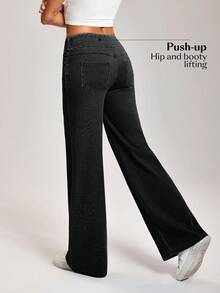 SHEIN PETITE Celana Jeans Wanita Kasual Model Lurus Longgar dengan Motif Cuci, Ukuran Petite Wanita - Grey - View 4